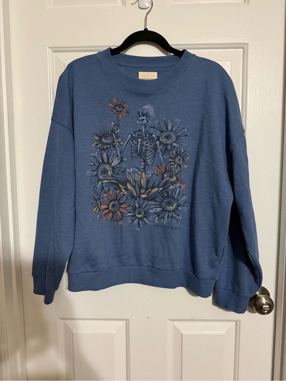 American Eagle Skeleton Floral Sweatshirt Large Blue Crewneck Oversized Fleece - Picture 1 of 7